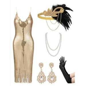 Flapper Dress & Accessories 1920s Great Gatsby Sequin V Neck Small Gold NEW